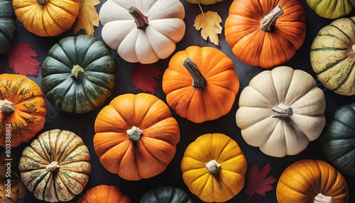 Pumpkins, many different colors and shapes of pumpkins, top view.