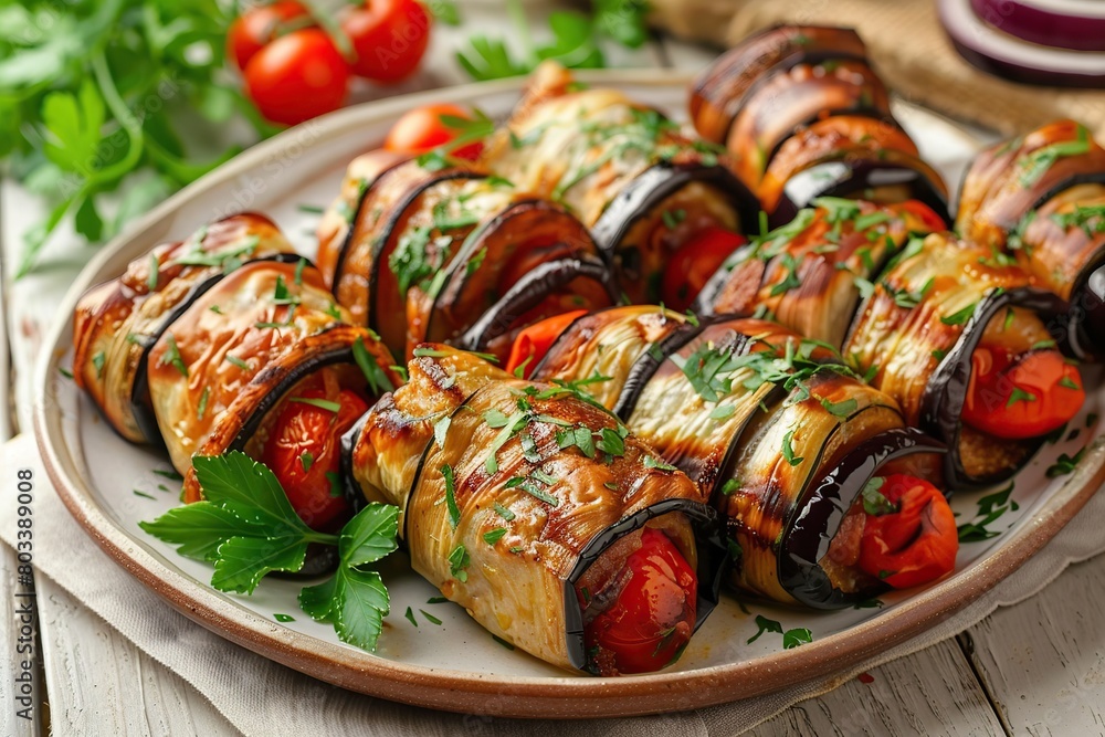 Rolled up eggplant stuffed with cheese and tomatoes in plate Rolled up eggplant stuffed with cheese and tomatoes in plate