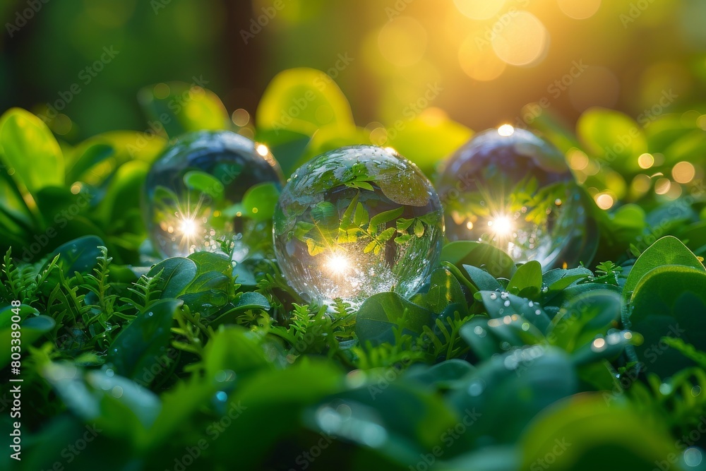 Three sparkling crystal balls rest among vibrant green leaves, beautifully illuminated by warm, golden sunlight piercing through Three sparkling crystal balls rest among vibrant green leaves, beautifully illuminated by warm, golden sunlight piercing through
