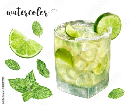 Watercolor painting of a mohito drink with Persian lime slices, mint leaves, and lemon