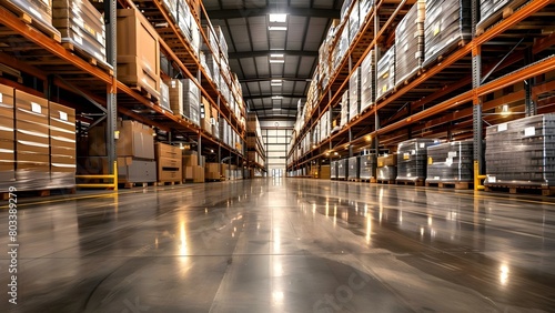Commercial logistics company with large distribution warehouse and high shelves for products. Concept Logistics, Warehouse Management, Product Distribution, Inventory Control, Supply Chain Operations