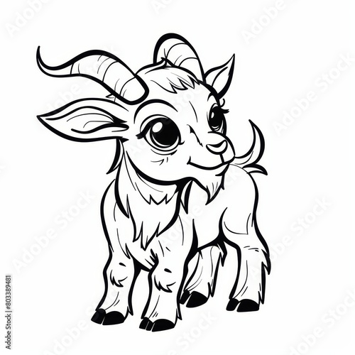  A black-and-white drawing of a baby goat with large horns, facing a white background © Jevjenijs