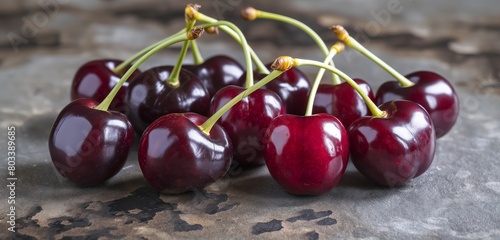 A cluster of ripe, dark red cherries with glossy surfaces, their stems intertwined, placed centrally against a textured, slate gray background.