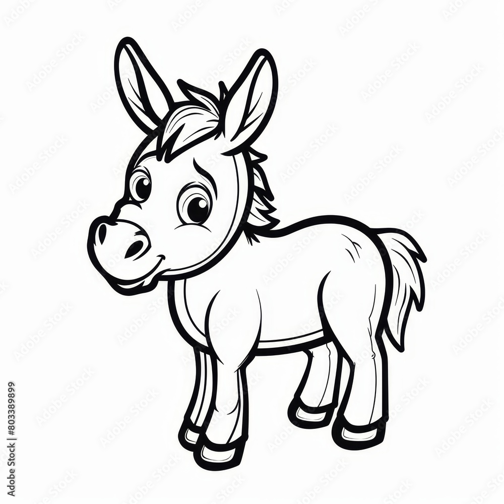 A cartoon donkey with a broad grin, outlined in black against a pristine white backdrop A cartoon donkey with a broad grin, outlined in black against a pristine white backdrop