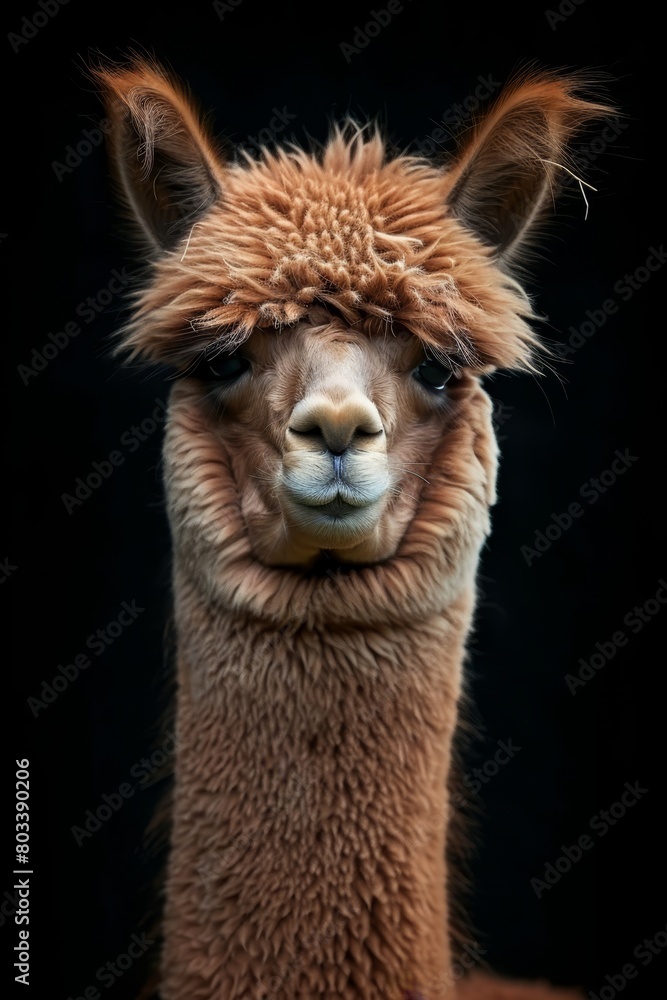   A close-up of a llama's face with a hat on its head