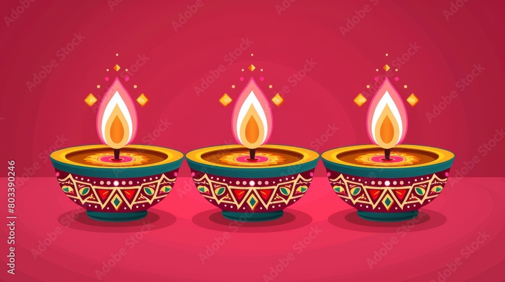 A colorful diya with lit candles against a pink background for Diwali, the festival of lights A colorful diya with lit candles against a pink background for Diwali, the festival of lights