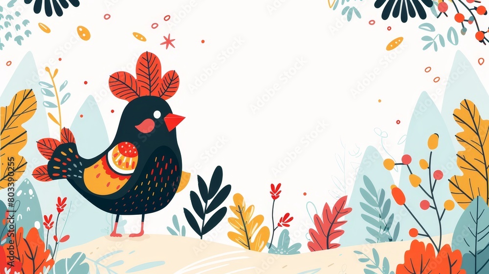 A bird stands in a forest, its back feathers rustled by leaves Sky forms the background A bird stands in a forest, its back feathers rustled by leaves Sky forms the background