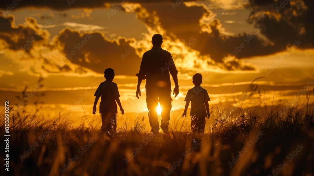   A man and two kids silhouetted, stroll through a field; sun sets, casting long shadows behind