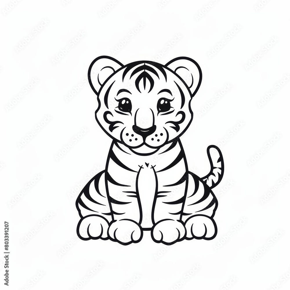 A black-and-white drawing of a baby tiger on the ground, with open eyes and tongues extended A black-and-white drawing of a baby tiger on the ground, with open eyes and tongues extended