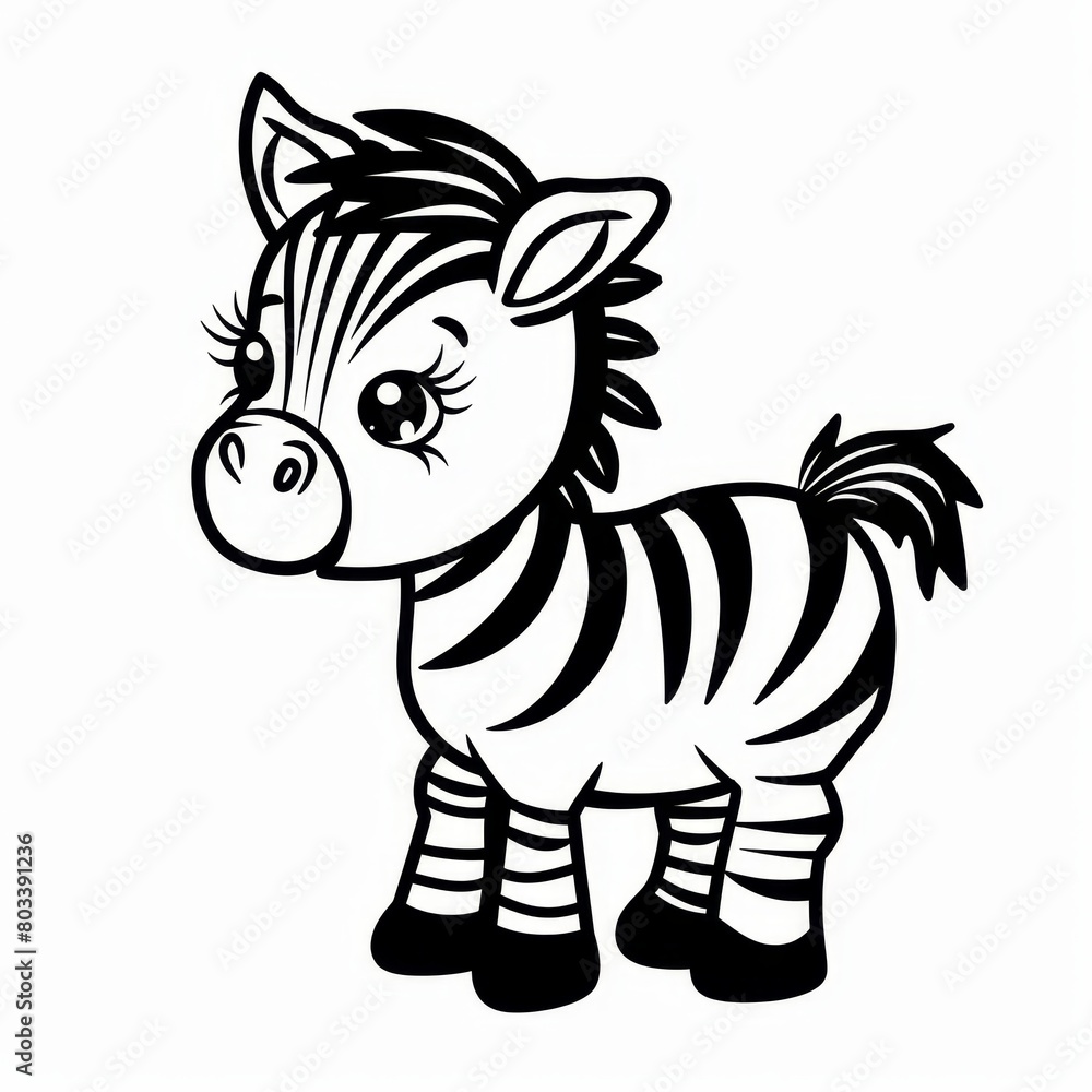 Fototapeta premium A zebra with contrasting black and white stripes on its face stands against a blank, white backdrop