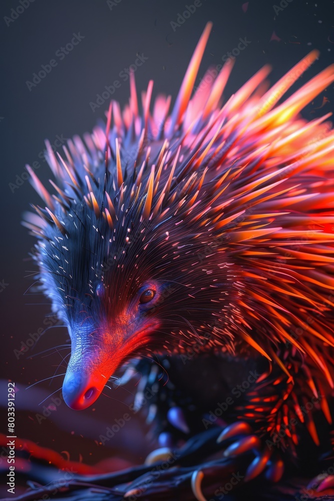 Obraz premium A tight shot of a porcupine's face adorned with red, orange, and blue striations