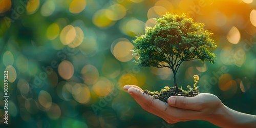 hand holding a tree on green background, World Environment Day, environmental protection, sustainability, ecology concept