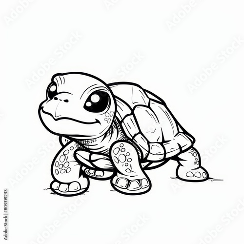   A black-and-white drawing of a turtle smiling widely  seated on the ground