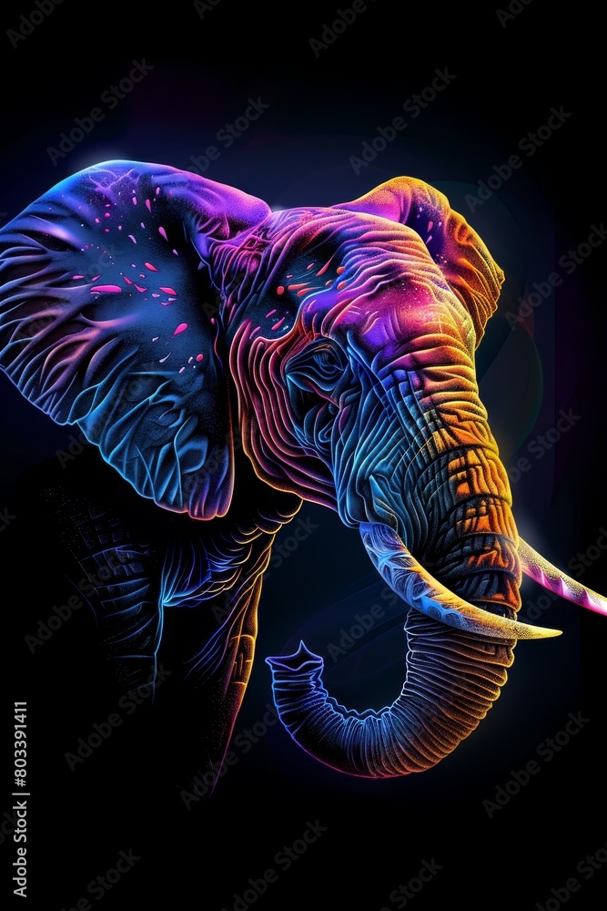 Fototapeta premium A painting of an elephant with brightly colored faces and tusks