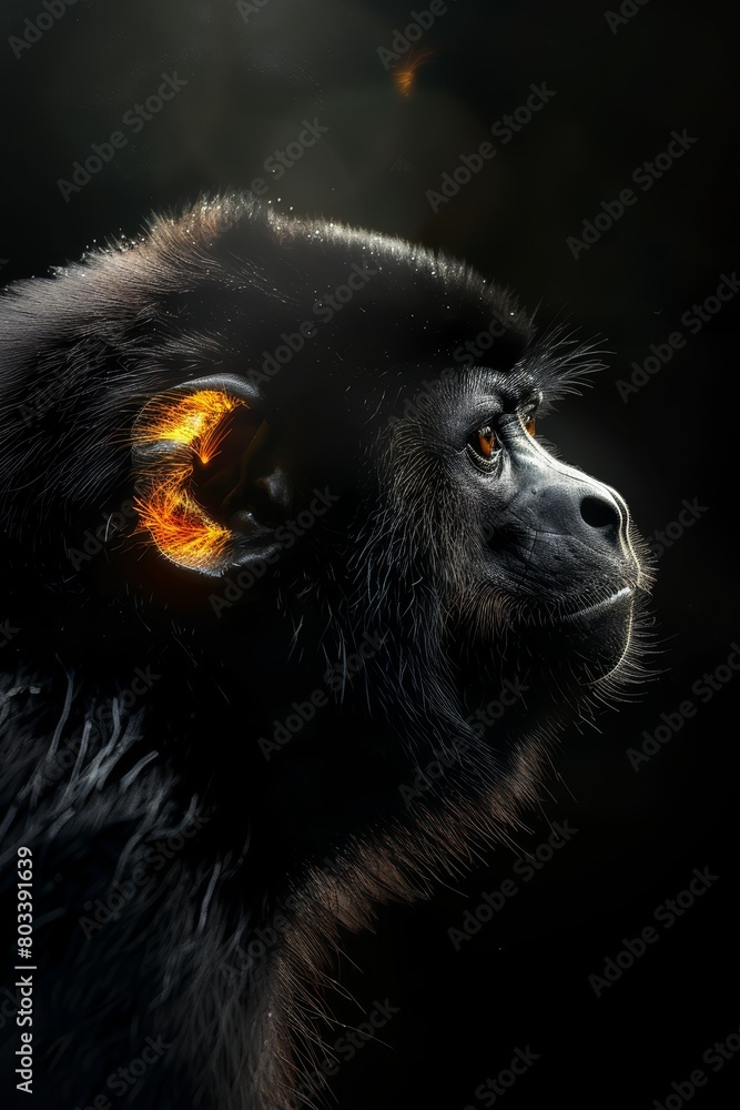   A tight shot of a black bear's face emanating yellow light from its eyes