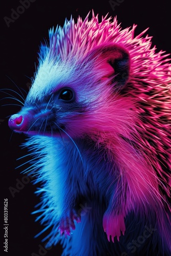  A tight shot of a hedgehog against a black backdrop, illuminated by pink and blue light on its face
