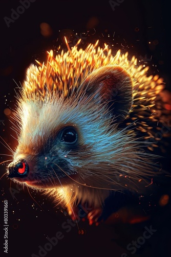   A tight shot of a hedgehog's face with light emanating from its rear end © Jevjenijs