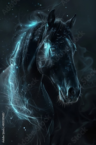  A tight shot of a horse's head against a black backdrop, surrounded by spiraling blue and white swirls