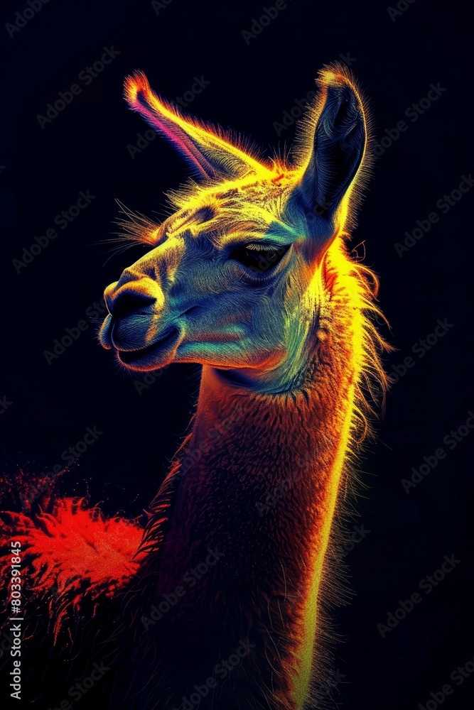 Fototapeta premium A giraffe's face in tight focus against a black backdrop..Alternatively, a giraffe's face prominently displayed with a red, yellow, and blue