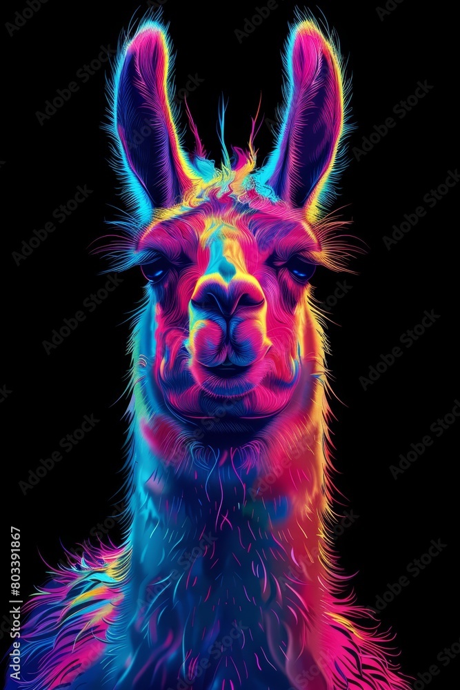 Naklejka premium A tight shot of a llama's face adorned with multicolored lines