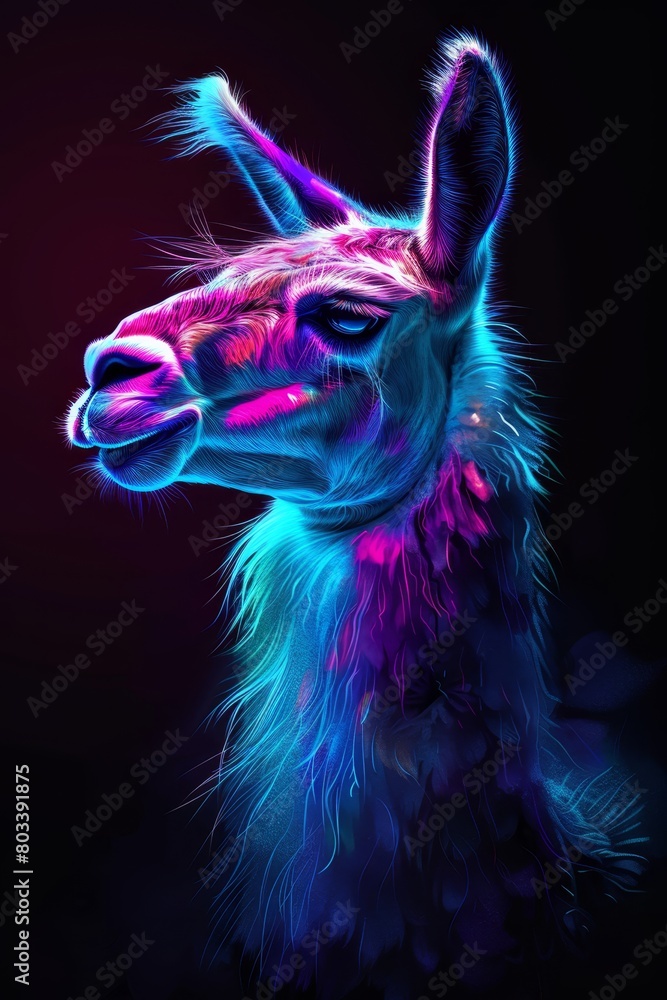 Naklejka premium A tight shot of a llama's face against black backdrop, illuminated by blue and pink light from behind