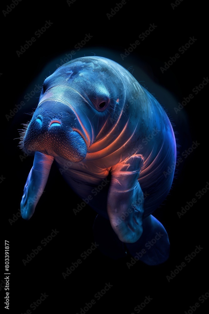 A close-up of a manatee swimming in the water with its head above the surface A close-up of a manatee swimming in the water with its head above the surface