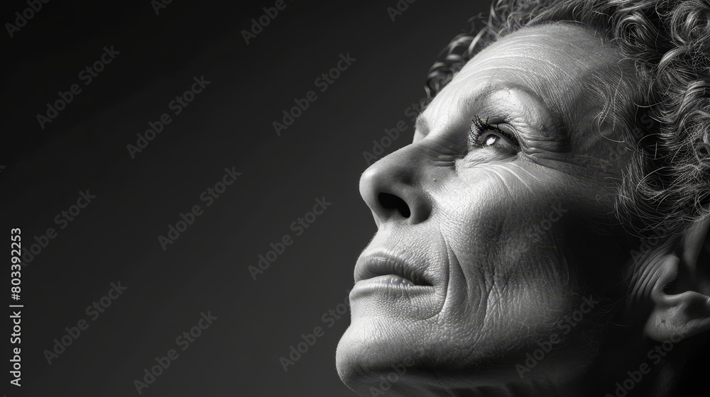 A monochrome image of a woman's aged face, displaying noticeable wrinkles above the forehead and around the eyes A monochrome image of a woman's aged face, displaying noticeable wrinkles above the forehead and around the eyes