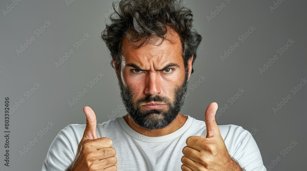 A man with a serious expression gazes into the camera, raising both thumbs in front of his face A man with a serious expression gazes into the camera, raising both thumbs in front of his face