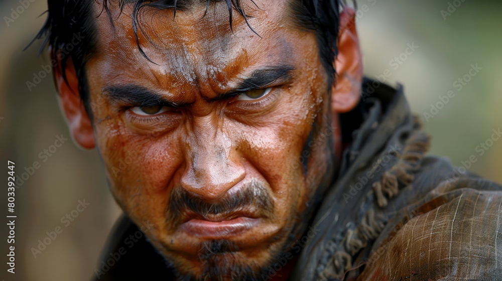 A tight shot of a man's mud-covered face, displaying a goatee A tight shot of a man's mud-covered face, displaying a goatee