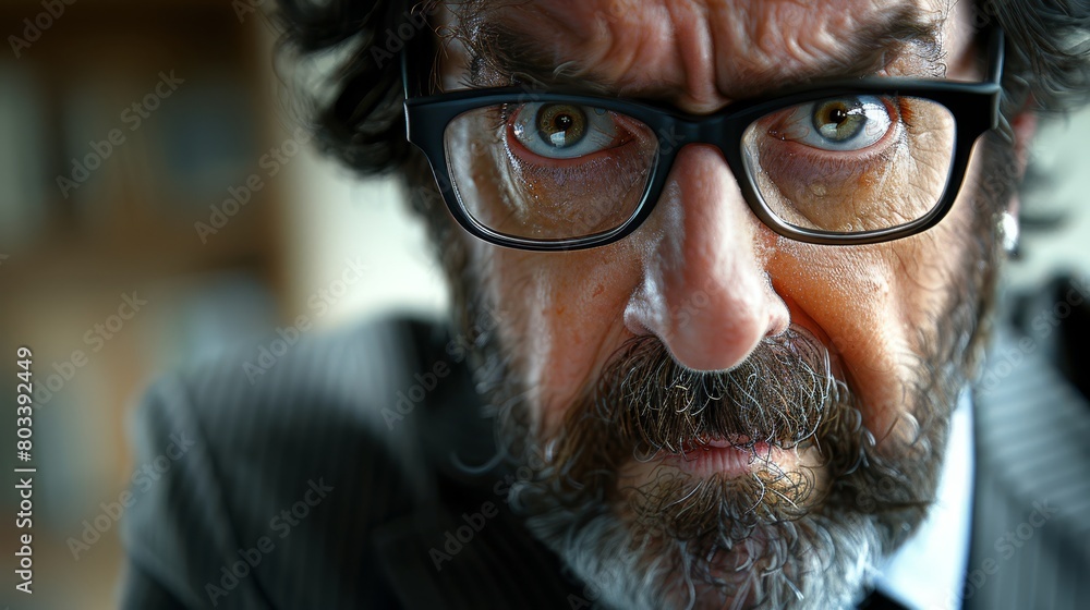 A close-up of a man in a suit and glasses, conveying a serious expression A close-up of a man in a suit and glasses, conveying a serious expression