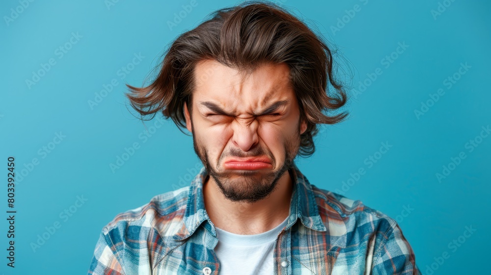 A man in a plaid shirt, surprised expression, hair blown by the wind A man in a plaid shirt, surprised expression, hair blown by the wind