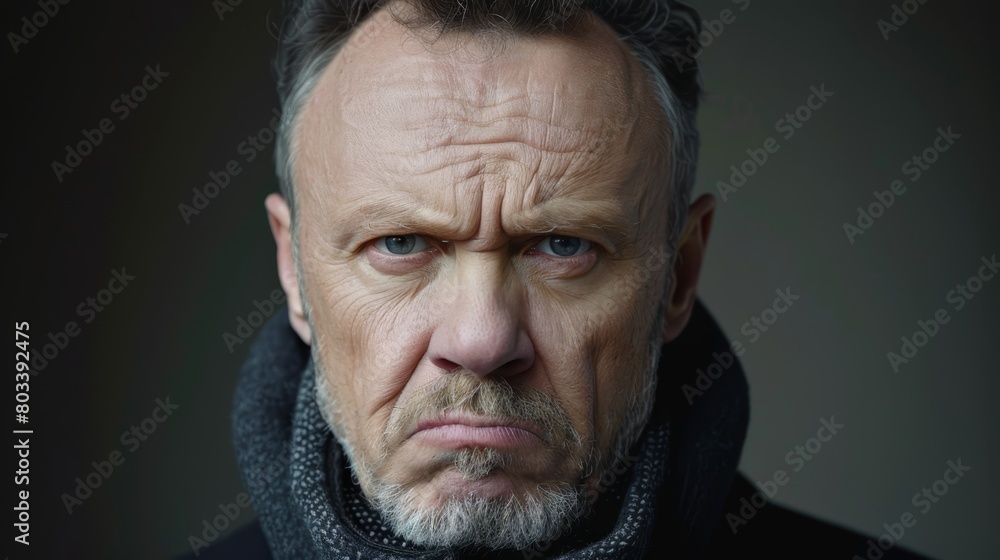 A man in close-up, gazes seriously at the camera, scarf encircling his neck A man in close-up, gazes seriously at the camera, scarf encircling his neck