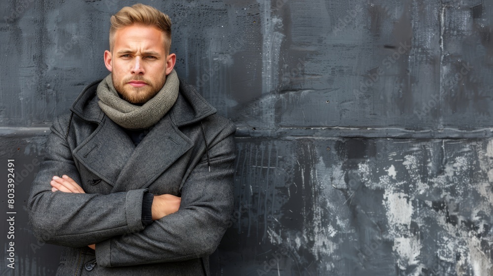 A man, arms crossed, stands before a wall in a gray coat and scarf A man, arms crossed, stands before a wall in a gray coat and scarf