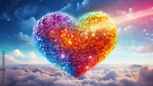 The picture of the colourful heart shape that flying beyond the sea of the cloud and atmosphere that bright and reflect the light by the sunlight of the daytime of summer or spring of year. AIGX01. © Summit Art Creations