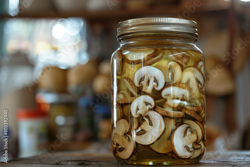 A jar of preserved mushrooms basks in the warm glow of a rustic kitchen's charm.