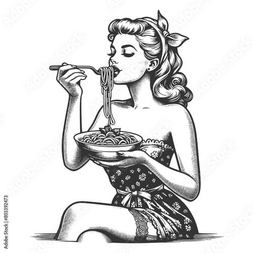 Pin-up girl woman eats pasta spaghetti, evoking culinary delight sketch engraving generative ai fictional character vector illustration. Scratch board imitation. Black and white image.