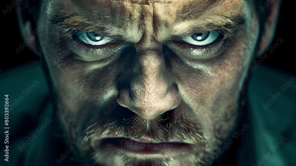 A close-up of a man's face with serious expression and blue eyes A close-up of a man's face with serious expression and blue eyes