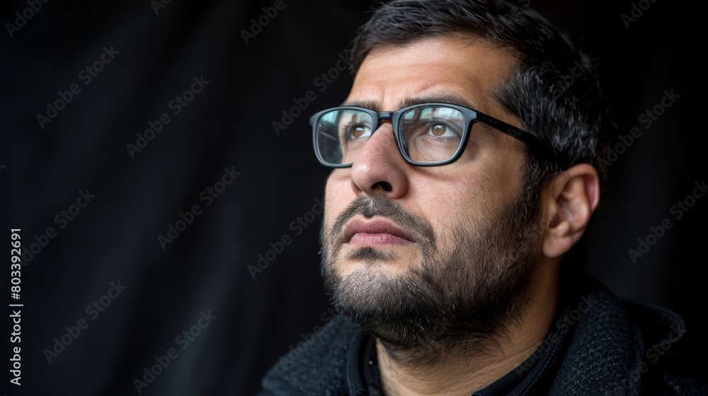 Man in glasses, gazing off-camera with serious expression against black backdrop Man in glasses, gazing off-camera with serious expression against black backdrop