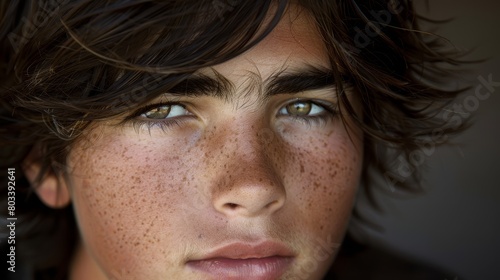  A close-up of a young man with freckled hair and fiery freckled eyes gazing into the camera