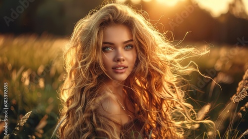   A beautiful woman, her long blonde hair cascading down, stands amidst tall grasses bathed in sunlight, as the sun illuminates her face © Jevjenijs