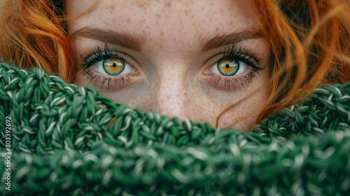  A tight shot of a woman's face with expressive blue eyes and a headcovering of freckled green fabric