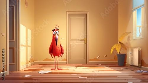   A red bird stands in a room with a door and a trashcan before it photo