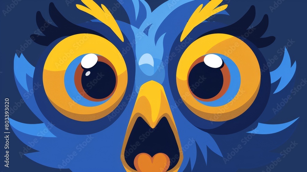   A detailed view of a blue-and-yellow bird's expressive face, conveying surprise