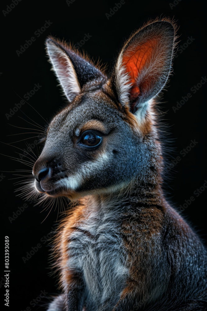   A tight shot of a small animal against a black backdrop, its face softly blurred