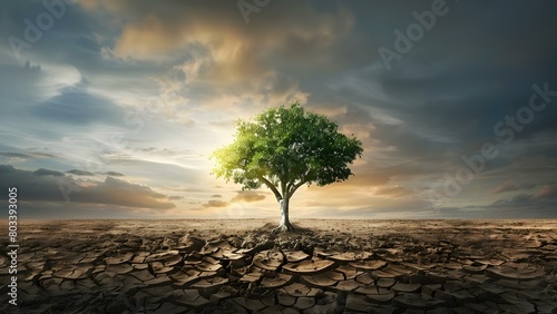 Tree surviving in dry cracked soil symbolizes climate change and water scarcity. Concept Climate Change, Water Scarcity, Nature Survival, Environmental Awareness, Symbolism