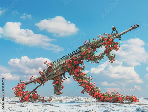 A symbolic representation of a broken rifle entwined with blooming flowers, illustrating the transformation from war to peace, with a clear blue sky backdrop