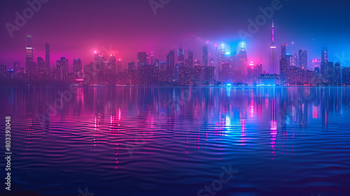 Toronto skyline reflected in a lake. Futuristic cityscape with vibrant pink and blue neon lights reflecting on water. Cyberpunk urban skyline at night. Science fiction and future city concept. 