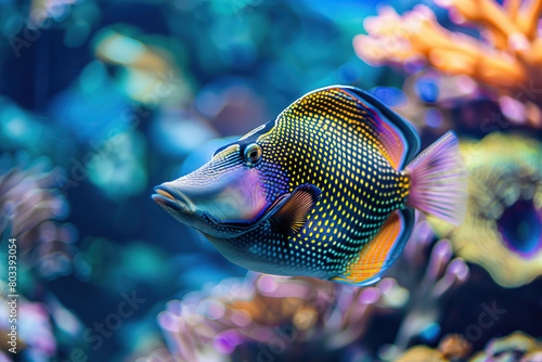 Jaw triggerfish in aquarium with blue water and corals
