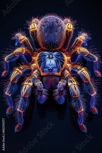   A tight shot of a spider's head against a black backdrop, with red, yellow, and blue color accents © Jevjenijs