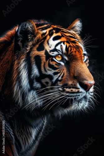   A tight shot of a tiger s face against a black backdrop  its head slightly blurred